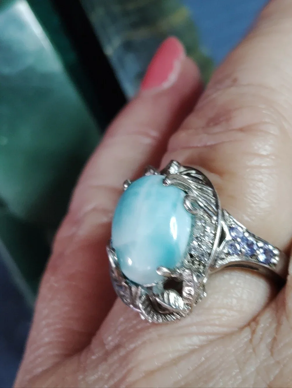 LARIMAR,TANZANITE & ZIRCON. SNAKE MOTIF. SOLID STERLING SIZE 9